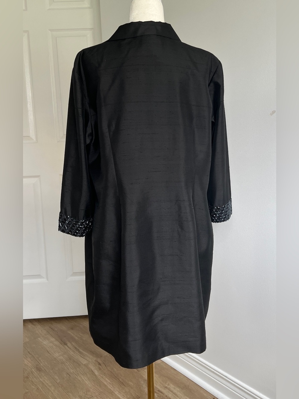 Vintage Y2K Black Silk Evening Coat • Beaded Sleeves • Special Occasion Jacket - Picture 11 of 14